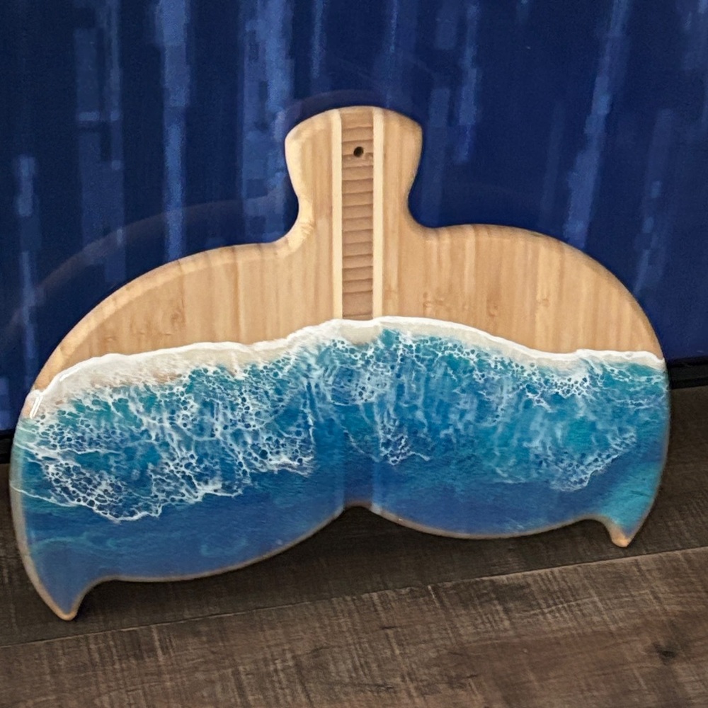 Handmade Ocean Resin Bamboo Serving/Charcuterie Board -Wave Whale Tail